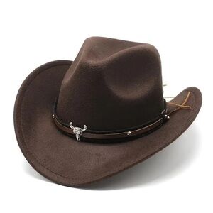 Brown Western Cowboy Hat – Cowboy Cowgirl Rodeo Style with Bull Skull‎ Accent